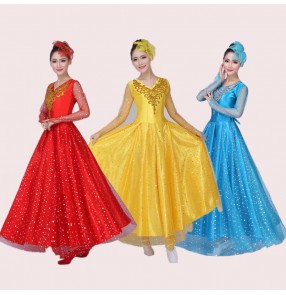 Red blue yellow long see through sequins sleeves women's ladies female stage performance Spanish folk dance flamenco dresses outfits 720 degree